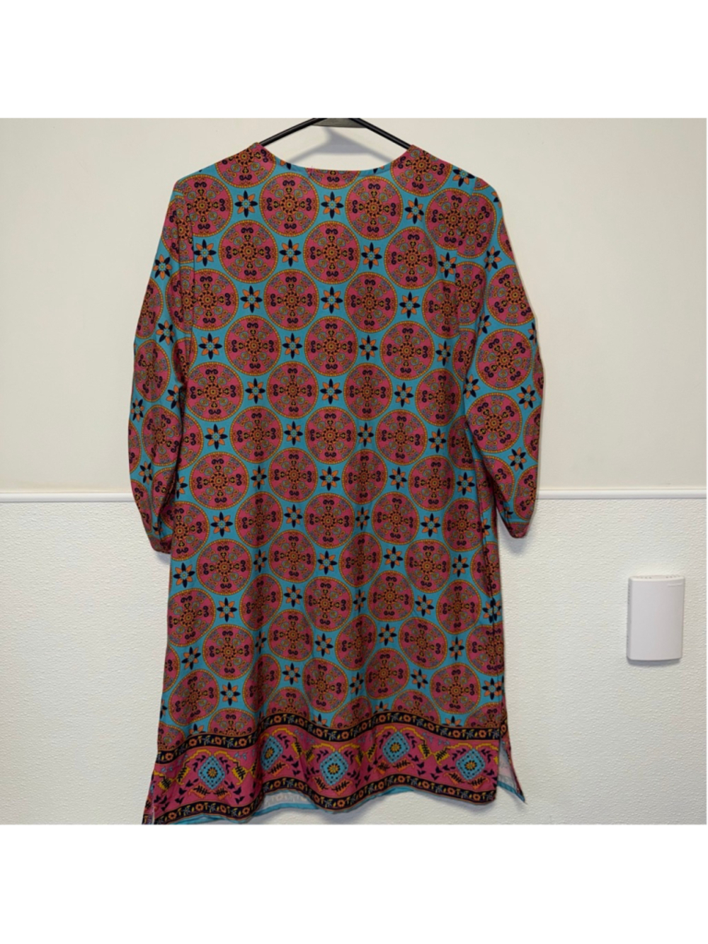 Women's Bohemian Neck Tie Urban Coco Mini Dress L Blue Pink Boho Print New NWT - Picture 13 of 14